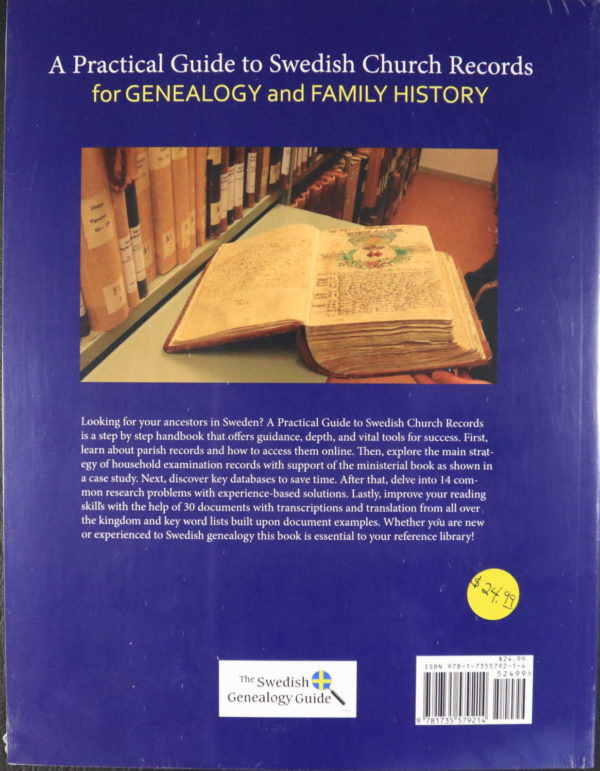 On the back cover with a blue background, there's a featured picture of a thick old tome, open to the first few pages, a colorful illustration at the top of the page. Behind the pull-out metal shelf it's resting on are more shelves of old books.