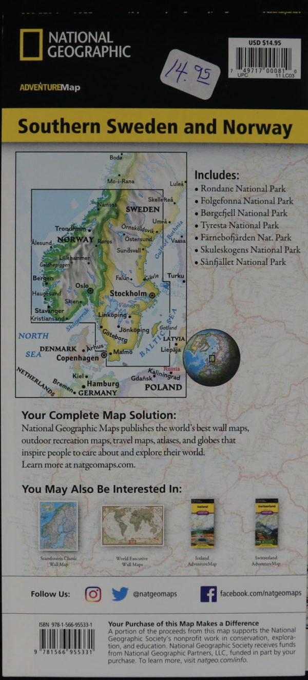 A picture of southern Norway and Sweden, with a box showing the area of focus covered. A small globe is to the right of it. Working on the back cover of the map includes: "National Geographic. AdventureMap. Your Complete Map Solution: National Geographic Maps publishes the world's best wall maps, outdoor recreation maps, travel maps, atlases, and globes that inspire people to care about and explore their world. Learn more at natgeomaps.com. You may also be interested in: Scandinavian Classic Wall Map, World Locations Wall Maps, Ireland AventureMap, Switzerland AdventureMap. Follow Us: *Instagram icon*, *Twitter icon* @natgeomaps, *Facebook icon* facebook.com/natgeomaps. Your purchase of this map makes a difference. A portion of the proceeds from this map supports the National Geographic Society's nonprofit work in conservation, exploration, and education. National Geographic Society receives funds from National Geographic Partners, LLC, funded in part by your purchase. To learn more, visit natgeo.com/info.