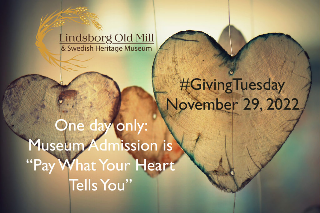 Glowing, leaf-like hearts. Written on the image: "Lindsborg Old Mill & Swedish Heritage Museum. #GivingTuesday November 29, 2022. One day only: Museum Admission is Pay What Your Heart Tells You."