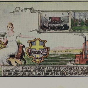 Drawing that includes multi-story factories, light purple mountains, and the words "Wheat Belt" in the background. A river winds through green fields. In the foreground, a seated woman in a long dress supports a lyre with one hand and a city crest of Lindsborg, Kansas with a yellow cross on a blue background. At her feet are are wood boards, an automobile tire, and an artist's palette. Two smaller inset pictures depict a large chorus on a stage - labeled "The Messiah Chorus" - and two brick academic buildings among trees - labeled "Bethany College." Written below: "Surrounded by acres of productive land, climatic, educational, artistic and moral conditions make the park city of the Smoky an ideal place for live businessmen and lovers of good homes." Labeled: "Copyright 6-1-1913, GN Malm"