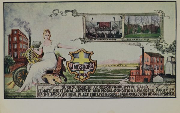 Drawing that includes multi-story factories, light purple mountains, and the words "Wheat Belt" in the background. A river winds through green fields. In the foreground, a seated woman in a long dress supports a lyre with one hand and a city crest of Lindsborg, Kansas with a yellow cross on a blue background. At her feet are are wood boards, an automobile tire, and an artist's palette. Two smaller inset pictures depict a large chorus on a stage - labeled "The Messiah Chorus" - and two brick academic buildings among trees - labeled "Bethany College." Written below: "Surrounded by acres of productive land, climatic, educational, artistic and moral conditions make the park city of the Smoky an ideal place for live businessmen and lovers of good homes." Labeled: "Copyright 6-1-1913, GN Malm"