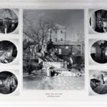 A black and white poster featuring an image a three-story mill with gabled roof viewed from across the river. Three images to its left depict factory machinery. In three images to the right, two of them depict machinery and the third has an external picture of the mill from a different angle. Under the main picture of the mill, it reads: "Smoky Valley Flour Mill Lindsborg, Kansas"