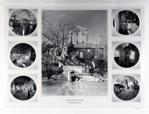 A black and white poster featuring an image a three-story mill with gabled roof viewed from across the river. Three images to its left depict factory machinery. In three images to the right, two of them depict machinery and the third has an external picture of the mill from a different angle. Under the main picture of the mill, it reads: "Smoky Valley Flour Mill Lindsborg, Kansas"