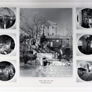 A black and white poster featuring an image a three-story mill with gabled roof viewed from across the river. Three images to its left depict factory machinery. In three images to the right, two of them depict machinery and the third has an external picture of the mill from a different angle. Under the main picture of the mill, it reads: "Smoky Valley Flour Mill Lindsborg, Kansas"