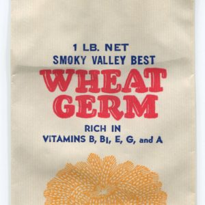A flat, unused paper flour bag. In the center of the image is a bundle of yellow wheat. Text reads: "1 pound net. Smoky Valley Best Wheat Germ. Rich in Vitamins B, B7, E, G, and A. Distributed by Smoky Valley Roller Mills. Lindsborg, Kansas."