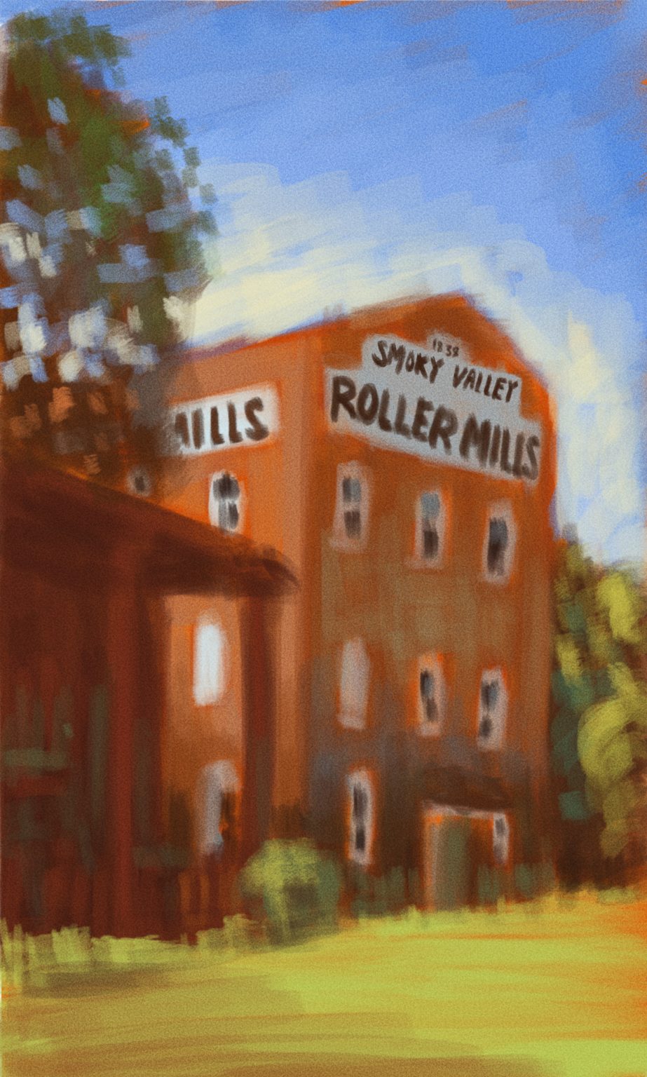 Digital artwork in a painting style of a three story brick building with a gabled roof. "Smoky Valley Roller Mills" is written on the walls toward the top of the building.